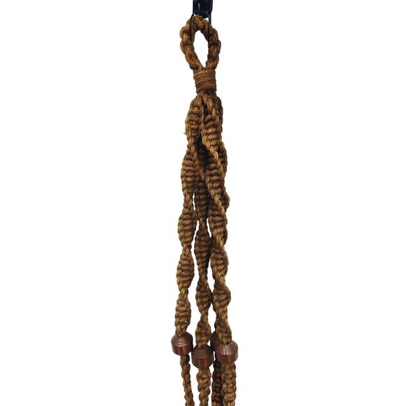 Vintage 60s 70s Macrame Plant Hanger Brown Wood Beads - Picture 2 of 4